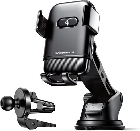 15W Auto-Positioning Qi Wireless Charging Car Holder with Telescopic Mount and Air Vent Clamp - Compatible with Qi Enabled iPhone and Android Models, Black (SVM-101) in Saudi Arabia