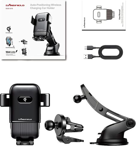 15W Auto-Positioning Qi Wireless Charging Car Holder with Telescopic Mount and Air Vent Clamp - Compatible with Qi Enabled iPhone and Android Models, Black (SVM-101) in Saudi Arabia