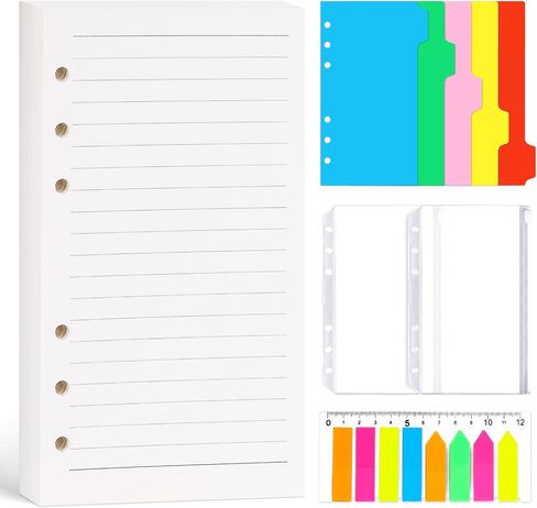 Koogel 100PCS A6 Refill Paper, 6 Holes Loose Leaf Paper 200 Lined Pages 2PCS PVC Pockets 160PCS Index Tabs with Ruler 5PCS Binder Dividers for School Office in Saudi Arabia