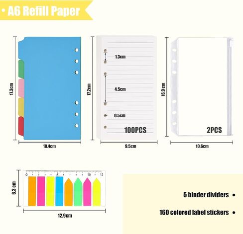 Koogel 100PCS A6 Refill Paper, 6 Holes Loose Leaf Paper 200 Lined Pages 2PCS PVC Pockets 160PCS Index Tabs with Ruler 5PCS Binder Dividers for School Office in Saudi Arabia