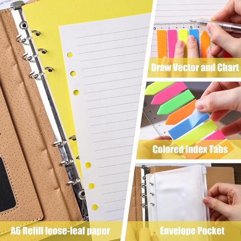 Koogel 100PCS A6 Refill Paper, 6 Holes Loose Leaf Paper 200 Lined Pages 2PCS PVC Pockets 160PCS Index Tabs with Ruler 5PCS Binder Dividers for School Office in Saudi Arabia