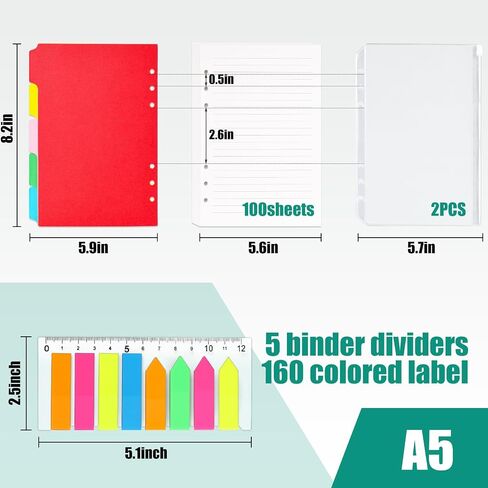Koogel 100PCS A6 Refill Paper, 6 Holes Loose Leaf Paper 200 Lined Pages 2PCS PVC Pockets 160PCS Index Tabs with Ruler 5PCS Binder Dividers for School Office in Saudi Arabia