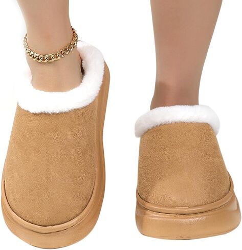 Harssidanzar Women's Platform Mini Boots Slippers for Women Suede Short Ankle Indoor Slippers Slip on Fur Fleece Lined HL210US in Saudi Arabia