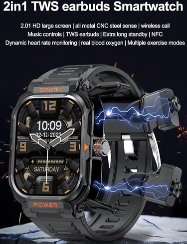Smart Watch with Earbuds,Rugged Military Smartwatch for Men, 2 in 1 Bluetooth Smart Watchtws headset(Answer/Dial Calls)Fitness Tracker,Calories,Sleep Monitor,AI Voice Assistant,for Android and iOS in Saudi Arabia