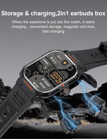 Smart Watch with Earbuds,Rugged Military Smartwatch for Men, 2 in 1 Bluetooth Smart Watchtws headset(Answer/Dial Calls)Fitness Tracker,Calories,Sleep Monitor,AI Voice Assistant,for Android and iOS in Saudi Arabia