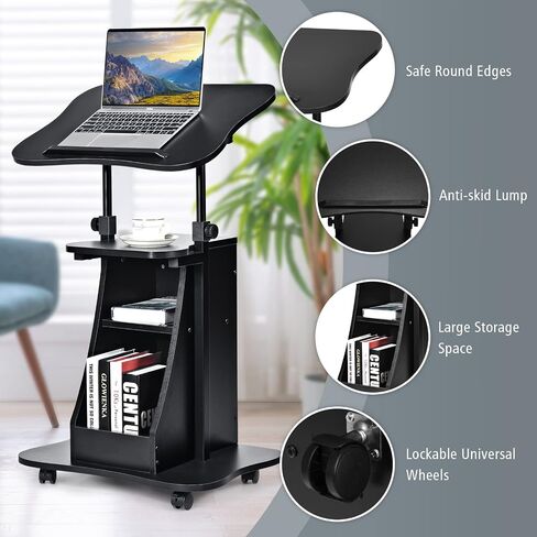 Lift Table, Computer, Mobile, Height Workstation, Adjustable Standing Laptop Desk with Rolling Casters, Black in Saudi Arabia