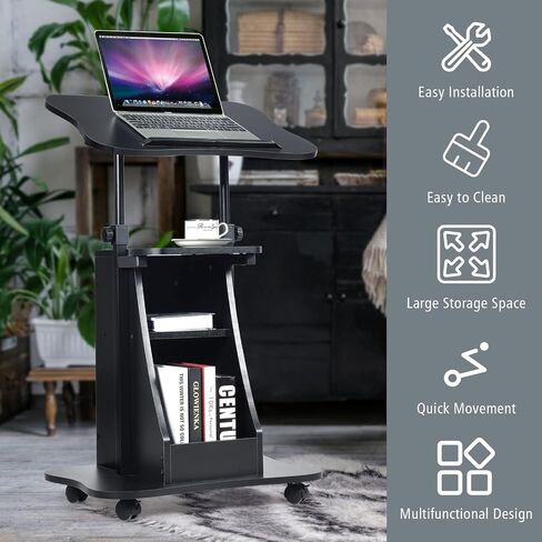 Lift Table, Computer, Mobile, Height Workstation, Adjustable Standing Laptop Desk with Rolling Casters, Black in Saudi Arabia