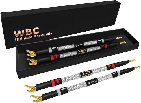 أفضل الكابلات في العالم 4 وحدات - 6 بوصة ULTIMATE - 8 AWG - OFC فائقة النقاء - كابلات توصيل مكبرات الصوت HiFi المتميزة مع الموز الذهبي البارز ومقابس الأشياء بأسمائها الحقيقية وسترة تويد فضية in Saudi Arabia