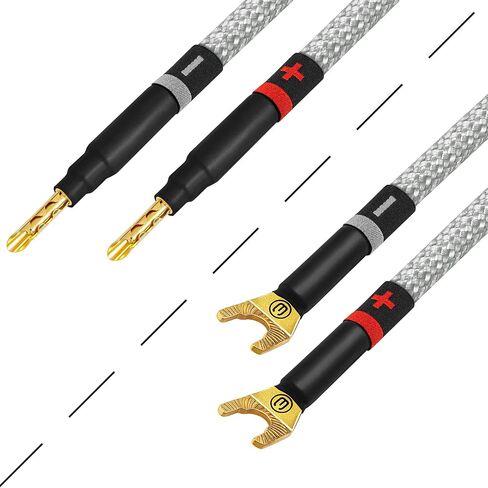 أفضل الكابلات في العالم 4 وحدات - 6 بوصة ULTIMATE - 8 AWG - OFC فائقة النقاء - كابلات توصيل مكبرات الصوت HiFi المتميزة مع الموز الذهبي البارز ومقابس الأشياء بأسمائها الحقيقية وسترة تويد فضية in Saudi Arabia