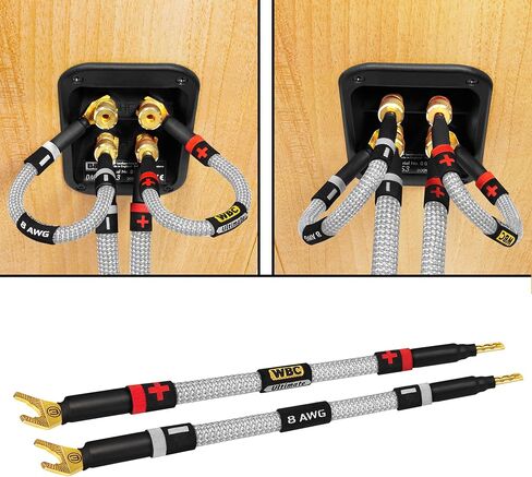أفضل الكابلات في العالم 4 وحدات - 6 بوصة ULTIMATE - 8 AWG - OFC فائقة النقاء - كابلات توصيل مكبرات الصوت HiFi المتميزة مع الموز الذهبي البارز ومقابس الأشياء بأسمائها الحقيقية وسترة تويد فضية in Saudi Arabia