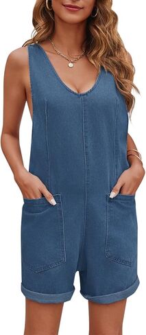 المرأة عالية الأسطوانة شورت الدنيم رومبير عادية أكمام فضفاضة الجينز وزرة السراويل حللا مع جيوب in Kuwait