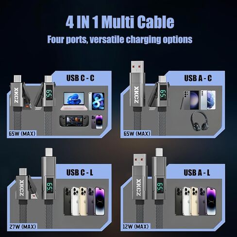 USB C Cable [65W 4 in 1 Charging Cable with LED Display] Flat Braided Multi Charging Cord with Data Sync, Type C Charger Cable Combo Type C/USB A/L Port for iPhone/iPad/Samsung/MacBook, 5ft in Saudi Arabia