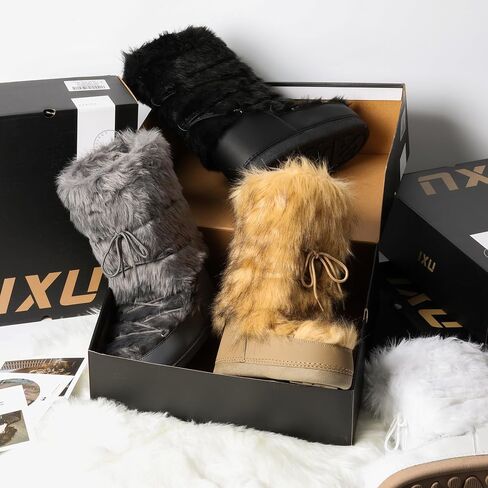 IXU Women's Faux Fur Boots Furry Snow Boots for Women Mid Calf Winter Boots Black White Brown Grey Fluffy Boots Fuzzy Custome Shoes in Saudi Arabia