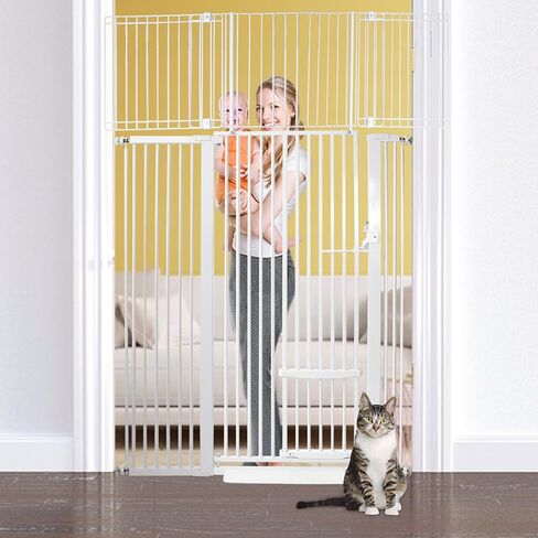 بوابة الحيوانات الأليفة للقطط بطول 71 بوصة من Magicorange مع باب قطط صغير، بوابة كلب عريضة قابلة للتعديل، بوابة للحيوانات الأليفة سهلة المشي من خلال باب الحيوانات الأليفة للسلالم والمدخل والمنزل (أبيض، 71 بوصة طول، 29.55 بوصة - 46.06 بوصة) in Kuwait