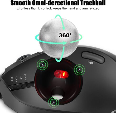 TRELC Wireless Trackball Mouse, Ergonomic Rollerball Mouse with 4800 DPI/7 Programmable Buttons, Thumb Control Mice, Rechargeable Optical Mouse for 3 Devices, for Windows, PC, Laptop, Tablet (Black) in Kuwait