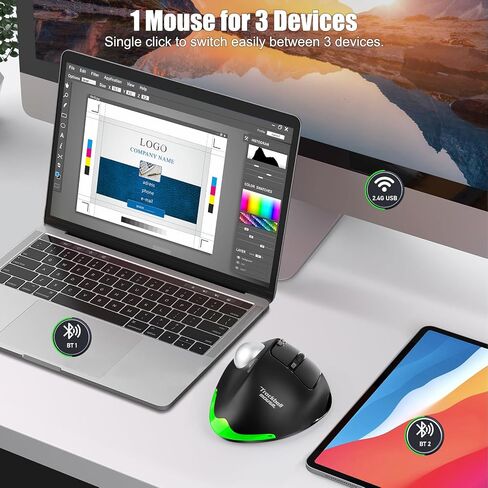 TRELC Wireless Trackball Mouse, Ergonomic Rollerball Mouse with 4800 DPI/7 Programmable Buttons, Thumb Control Mice, Rechargeable Optical Mouse for 3 Devices, for Windows, PC, Laptop, Tablet (Black) in Kuwait