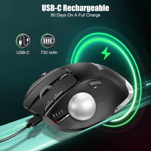 TRELC Wireless Trackball Mouse, Ergonomic Rollerball Mouse with 4800 DPI/7 Programmable Buttons, Thumb Control Mice, Rechargeable Optical Mouse for 3 Devices, for Windows, PC, Laptop, Tablet (Black) in Kuwait