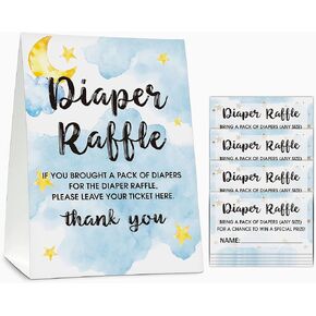 Gihyan Diaper Raffle Baby Shower Game Set(1 Standing Sign + 50 Guessing Cards), Moon and Star Diaper Raffle Tickets for Baby Shower, Twinkle Twinkle Little Star Baby Shower Party Favor Decor - A25