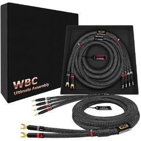 WORLDS BEST CABLES 6 Foot Ultimate - 7 AWG - Ultra-Pure OFC – Extra Premium Audiophile HiFi Bi-Wire Speaker Cable Pair with Eminence Gold Spade (x2) & Banana (x4) Plugs & Carbon Tweed Jacket