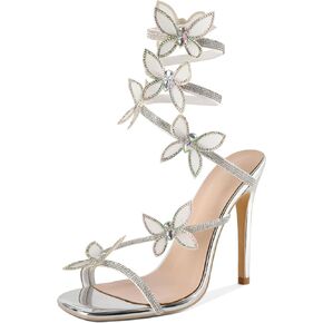 YODEKS Rhinestone Butterfly Heels Sandals Open Toe High Heels Women's Shoes