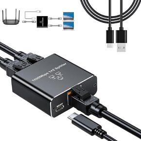 Gigabit Ethernet 1 to 2 High Speed 1000Mbps, LAN Splitter with USB Power Cable, RJ45 Splitter for Cat5/5e/6/7/8 Cable Quick Data Transmission 2 Devices Simultaneously Networking