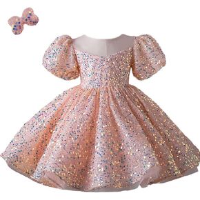 Baby Girls Sparkle Sequin Dress Flower Girls Dress Puffy Sleeve Kids Birthday Party Dresses