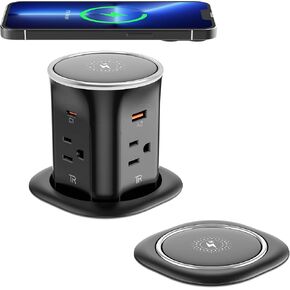 Pop Up Outlet for Countertop 3.15-inch Desk Wire Hole Insert,9-in-1 Power Strip with 15W Wireless Charger,4 Outlets 4 USB Ports,15Amp Tamper Resistant Receptacle, Space Saver (White, 20W USB-C Ports)