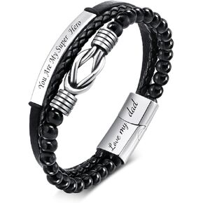 Knot Leather Bracelet Mens Gifts-Braided Leather Black Agate Bead Infinity Forever Linked Together Bracelet, Father's Day Anniversary Birthday Graduation Gifts for Son Dad Husband Boyfriend Brother