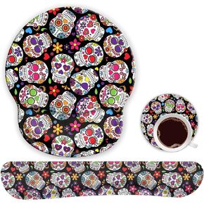 وسادة ماوس مريحة لدعم المعصم ومجموعة مسند المعصم للوحة المفاتيح لأجهزة الكمبيوتر المحمول وأجهزة Mac والألعاب والمكتب، متينة ومريحة وتخفيف الآلام + كوستر، جمجمة سكر ملونة عتيقة ليوم الموتى in Kuwait