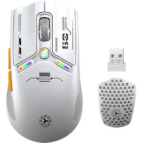 ماوس ألعاب لاسلكي تينموس M530، ماوس سلكي قابل لإعادة الشحن 2.4 جيجا/بلوتوث/USB C، 12000 نقطة في البوصة، RGB، 6 أزرار قابلة للبرمجة، غطاء مغناطيسي على شكل قرص العسل، مع موسع جهاز الاستقبال للكمبيوتر المحمول/الكمبيوتر الشخصي/Mac، أبيض
