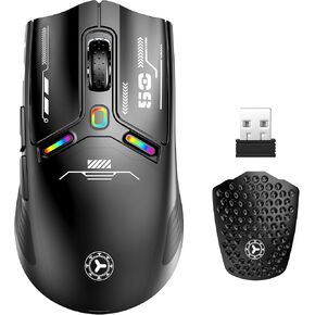 TENMOS M530 Wireless Gaming Mouse, 2.4G/Bluetooth/USB C Wired Rechargeable Mouse, 12000 DPI, RGB, 6 Programmable Buttons, Honeycomb Magnetic Cover, with Receiver Extender for Laptop/PC/Mac, White
