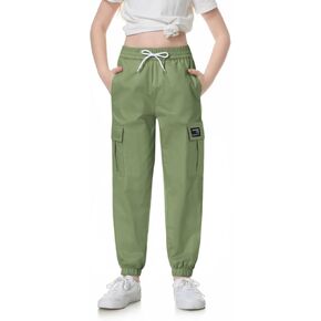 SANGTREE Girls Cargo Pants Elastic Waist Drawstring Tapered Jogger Pants with Pockets for Girl Olive Green,140
