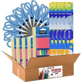 School Supplies Set for Kids Back to School, Girls, Boys, Includes Name Brand Crayons, Pencils, Ruler, Notebooks, Protractor, Glue, Chalk, Erasers, Scissors, Markers, Glue, Pens, Bonus Zompo-Z Tissues