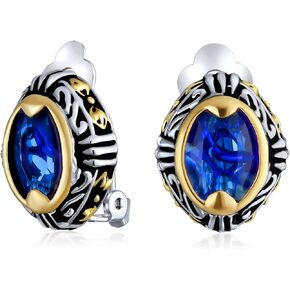 Tow Tone Bali Style Aqua Blue Oval Clip On Earrings For Women Simulated Aquamarine CZ Cubic Zirconia Rhodium Plated