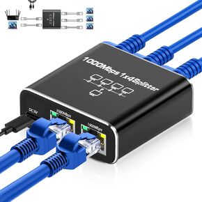 eoqo Ethernet Splitter, Gigabit RJ45 Ethernet Splitter 1 to 4 High Speed, 1000Mbps Network Extension Connector with USB Power Cable, CAT 5 6 7 8 Network Cable Simultaneous 4 Device