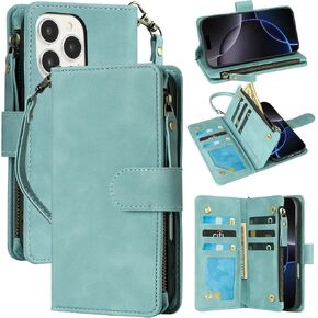 RANYOK Wallet Case for iPhone 16 Pro with RFID Blocking Card Holder, PU Leather Zipper Pocket Flip Folio Case for iPhone 16 Pro Case Wallet with Wrist Strap Kickstand Protective Case (Pink)
