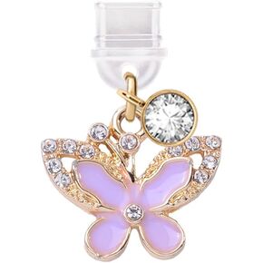 ELISE & FONDA TP360 Type-C USB Charging Port Anti Dust Plug Little Crystal Butterfly Cell Phone Charm for iPhone 15 and Samsung/OnePlus/Xiaomi/oppo Android Phones (Purple)