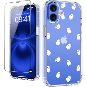 LUHOURI for iPhone 16 Case with Screen Protector - Crystal Clear Cover - Fashionable Pattern Design - Wireless Charging - Slim Shockproof Protective Phone Case for Women Girls,Little Ghosts
