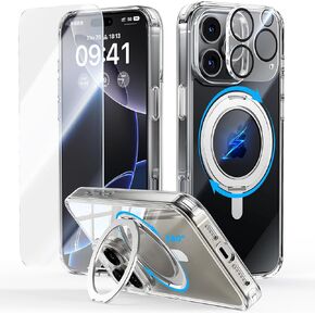 JUESHITUO 3 in 1 for iPhone 16 Pro Case, [Non-Yellowing] 360° Rotatable Magnetic Ring Stand with [Rotary Damping Sound] [1X Screen Protector + 1X Camera Lens Protector] Slim Phone Cover 6.3", Clear