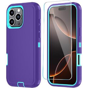 Phone Case for iPhone 16 Pro Max Case with HD Screen Protector, Heavy Duty Shockproof & DustProof & Dropproof 3-Layer Cover Phone Case for iPhone 16 Pro Max (6.9'') (PurpleSkyBlue)