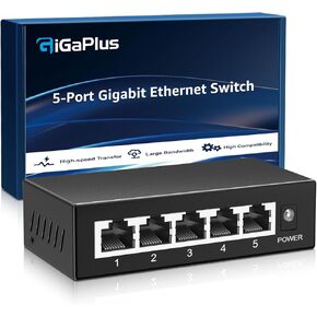 5 Port Gigabit Ethernet Switch Unmanaged, Network Ethernet Splitter, Desktop or Wall Mounting, Fanless, Plug and Play, Metal Housing, Mini Body