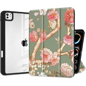 MEEgoodo Cover for M4 iPad Pro 11 inch Case 2024, Tablet Cases with Transparent Acrylic Back Shell +Trifold Stand + Pencil Holder + Auto Wake/Sleep, Colourful Wild Flowers