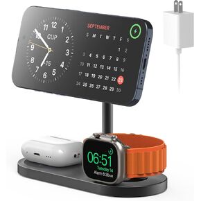 X23 PRO 3 in 1 Magnetic Wireless Charger Stand for iPhone AirPods Apple Watch, Wireless Charging Station for iPhone 16/15/14/13/12, Apple Watch 10/Ultra/9/8, AirPods 4/3/Pro/Pro 2 - Wood Grain