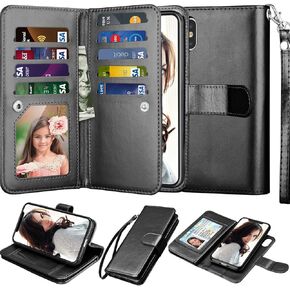 Njjex Wallet Case for iPhone Xs Max, for iPhone Xs MAX Case, PU Leather [9 Card Slots] ID Credit Folio Flip [Detachable][Kickstand] Magnetic Phone Cover & Lanyard for iPhone Xs Max 6.5" 2018 [Black]