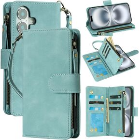 RANYOK Compatible with iPhone 16 Case Wallet - PU Leather Wallet Case for iPhone 16 with Credit Card Holder RFID Blocking Zipper Pocket with Wrist Strap Flip Folio Protective Case (Blue)