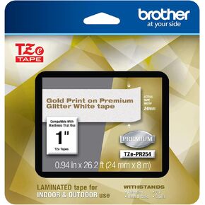 Brother Printer Brother P-touch TZe-PR254 Gold Print on White Glitter Premium Laminated Tape 24mm (0.94") wide x 8m (26.2’) long, TZEPR254