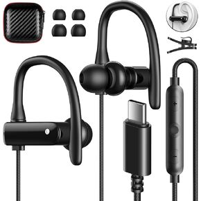 USB C Headphones Over Ear Hooks for iPhone 16 15 Pro Max Plus, Wrap Around Ear Buds with Loops Mic Type C Earphones Running Sport Wired Earbuds for Samsung Galaxy S24 Ultra S23 Fe S22 A35 Pixel 8 7