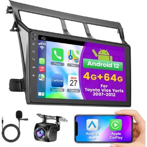 Car Radio for Toyota Vios 2007-2013, Yaris 2007-2013 with Wireless Carplay & Android Auto, 4+64GB 9 Inch IPS Car Stereo with Bluetooth 5.2 GPS Navigation WiFi Backup Camera SWC FM DSP Voice Control