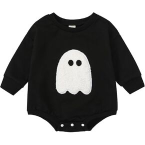 Baby Boy Girl Halloween Outfit Ghost Embroidery Sweatshirt Romper Oversized Sweater Bubble Romper Fall Tops