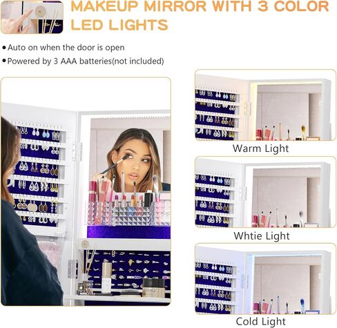 شريط LED لخزانة المجوهرات الدوارة 360 درجة من Lvifur، مرآة كاملة الطول بسعة كبيرة 3 ألوان خزانة منظم مجوهرات قابلة للتعتيم مع صينية مكياج، مرآة أرضية قابلة للقفل مع 4 بكرات لغرفة النوم in Saudi Arabia